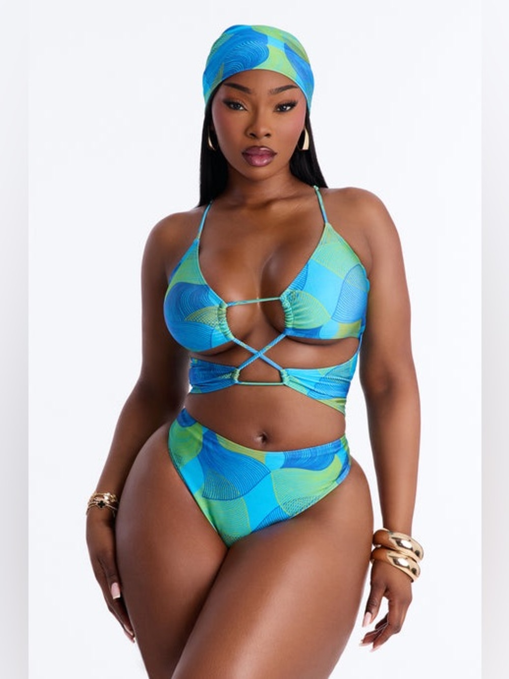 NWT Fashion Nova Blue Green Cutout Strappy Swimsuit Yacht Babe Sexy Thong 3X